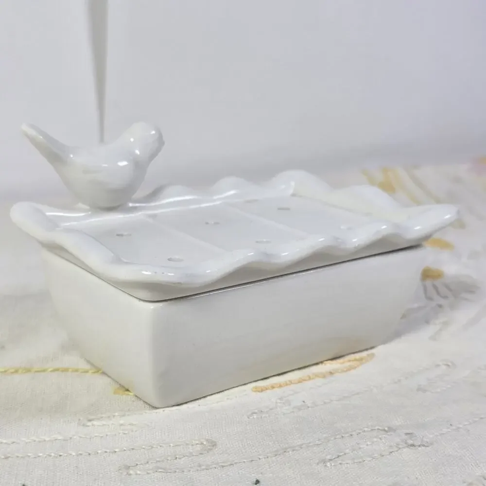 White Ceramic Bird Soap Dish Holder Removable Drip Tray Bathroom Farmhouse Decor
